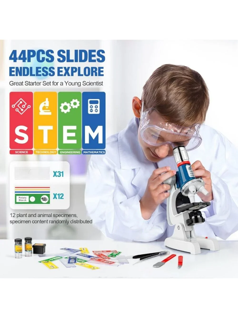 58-Piece Kids Microscope Kit with LED Light, 100X-1200X Magnification, STEM Gift